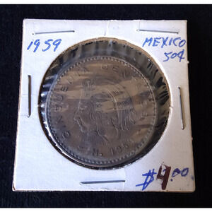 Vintage 50 Centavos Mexico 1959 Bronze Circulated Mexican Coin Aztec Warrior Old
